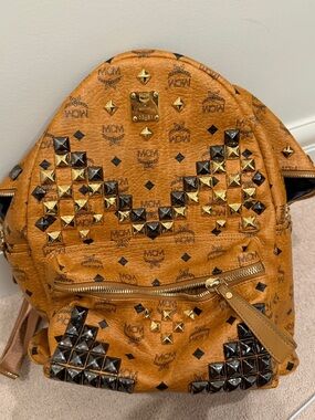 MCM Cognac Visetos Studded Backpack with Gold & Black Accents